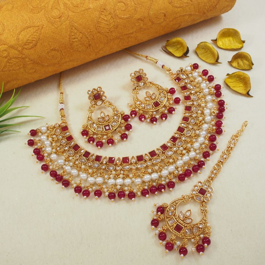 Gold Plated Choker Jewellery Set & Drops Necklace With Earrings & Maang Tikka